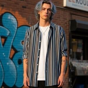 Gene Meyer Mens Striped Button Down Long Sleeve Shirt Size L Cotton Blue Black